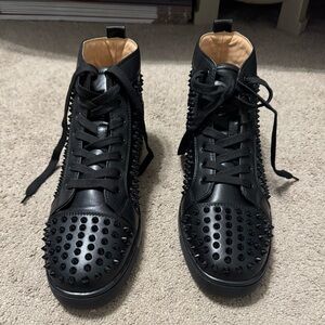 Authentic Christian Louboutin High Top Black and Red Studded Sneakers EU46